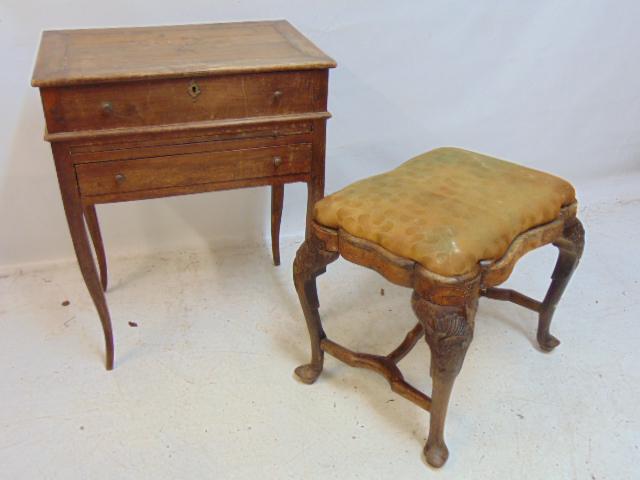 Small inlaid vanity & early stool, barn finds, vanity has (loose) mirror in lid, stool has broken (1 of 6)