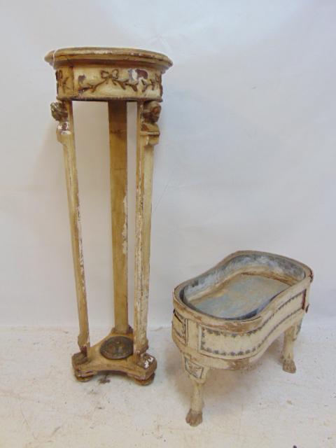 Paint decorated pedestal & small bidet, paint distressed on both, pedestal or stand is 45.5", (1 of 7)