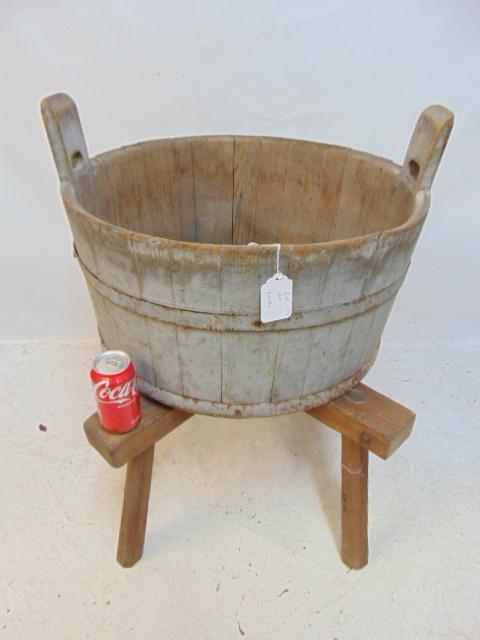Barrel top wash tub on base, with handles, tub is 23" in diameter, old grey paint (1 of 4)