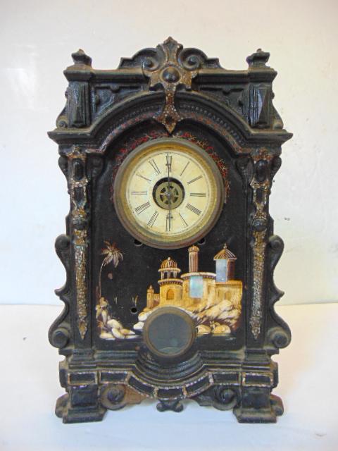 Clock, Terhune & Edwards, Iron Decorated front, Paint and Inlay, Orientalist theme.Time, Chime and (1 of 7)