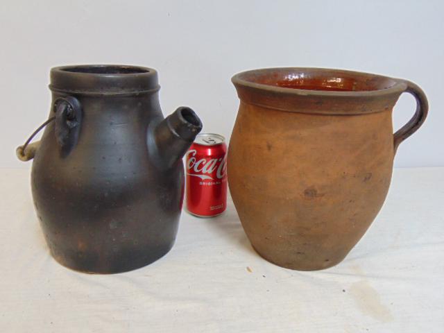 2 stoneware, redware vessels, single handled redware vessel with glazed interior & stoneware vessel (1 of 5)