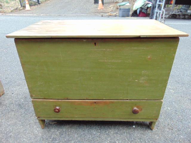 Lift top country blanket chest in green paint with drawer, 38" by 19.5", height is 30.75" (1 of 5)