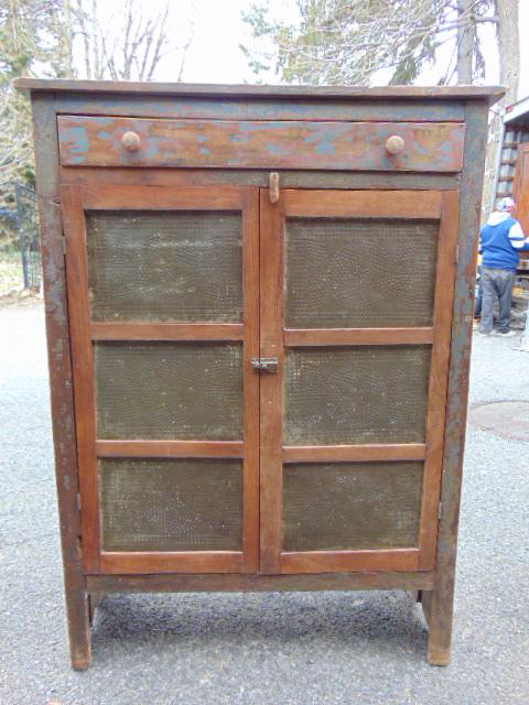 Pierced tin pie safe, old remnants blue paint, has drawer in top, (1 of 5)