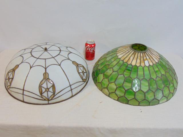 2 leaded domes, hanging dome & shade for table lamp, green & beige panels table lamp shade & white (1 of 7)