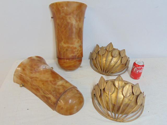 Pair alabaster sconce covers & pair gilt leaf decorated planters with inserts, the alabaster covers (1 of 8)