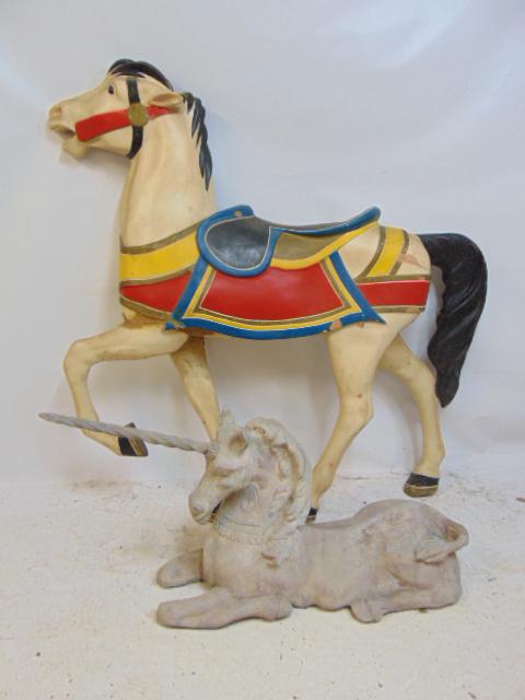 Huebbe composite carousel horse & unicorn, pain decorated carousel horse is 52" by 56", has repaired (1 of 7)