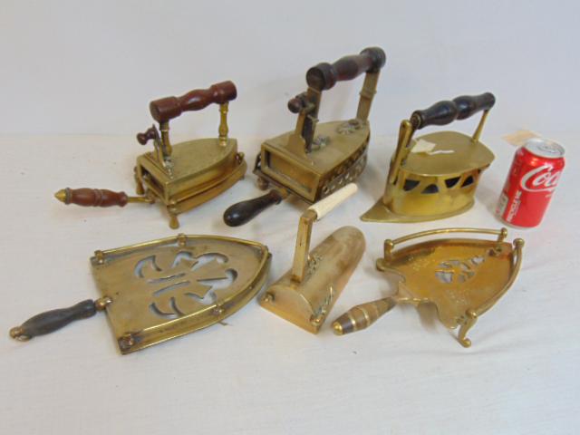 Antique brass coal irons & trivets, wood handled, includes 8 pieces (1 of 8)