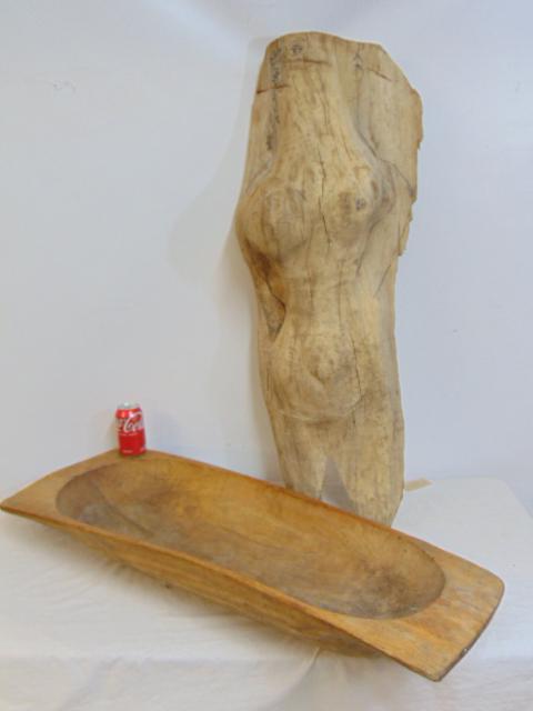 Large wood trencher & carved tree art figural sculpture, trencher is 39" long, sculpture is 40" (1 of 5)