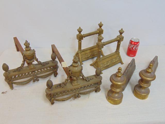3 pair chenets andirons, in iron & brass: 3 pair chenets andirons, in iron & brass
