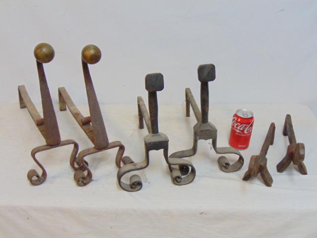 3 pair fireplace andirons, 2 all in iron, and one pair in iron with brass ball finials (1 of 4)