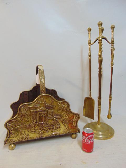 Set of antique brass fireplace tools & brass, iron lined log holder (German ?), tool set is 29" tall (1 of 6)