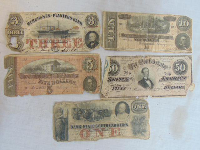 5 Confederate banknotes, $1, $3, $5, $10 $ 50 notes (1 of 6)
