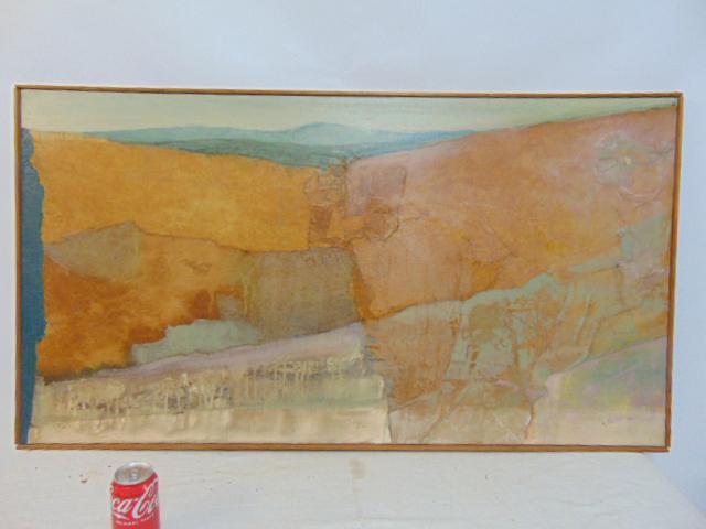 Painting, abstract, mixed media, signed Reilay, oil on canvas, 27" by 49.75" (1 of 4)