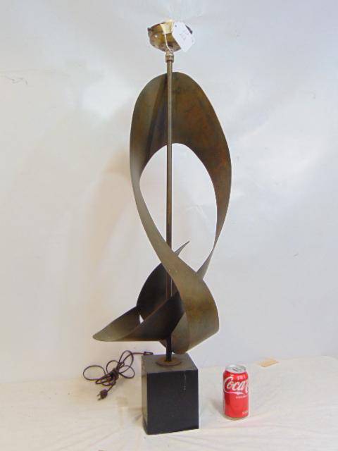 Mid Century brass fee form table lamp on wood base, no shade, height is 39" (1 of 4)