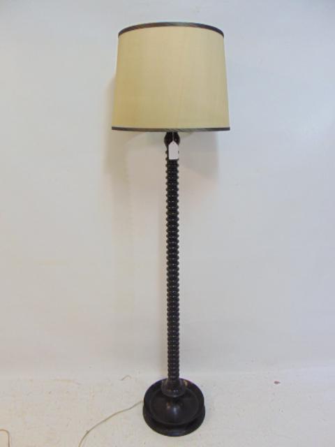 Jamie Young cast iron floor lamp with shade, lamp is 66" tall, some scratches, otherwise in good (1 of 5)