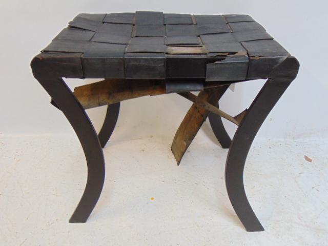 Iron & woven leather stool, leather straps broken, worn, stool is 19.25" by 13", height is 18" (1 of 4)