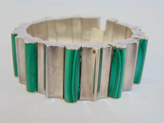 Jewelry. Sgd. Monteros Taxco Mexico sterling silver & malachite bracelet/bangle (1 of 4)