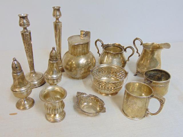 Lot sterling silver hollowware, small pitcher by Sermon Torquay, sugar & screamer, various cups, (1 of 5)