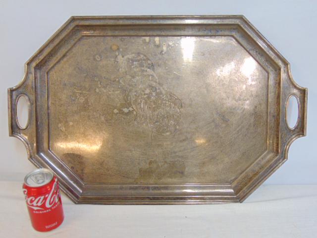 Large sterling silver serving tray, Black Starr & Frost, octagonal with monogram, 104 troy, 25.75" (1 of 5)