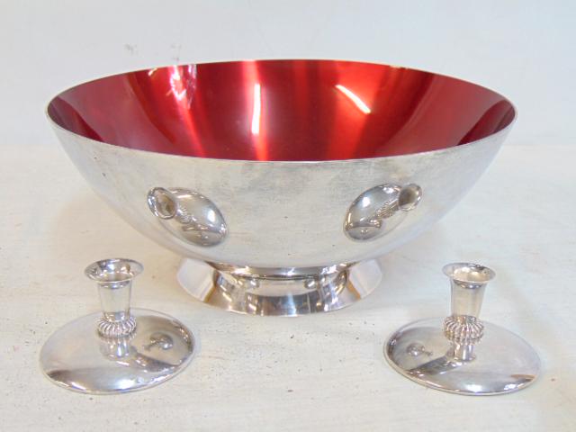 Carl Christiansen enameled silver plated bowl, red interior & 2 small candle holders, Danish design (1 of 6)