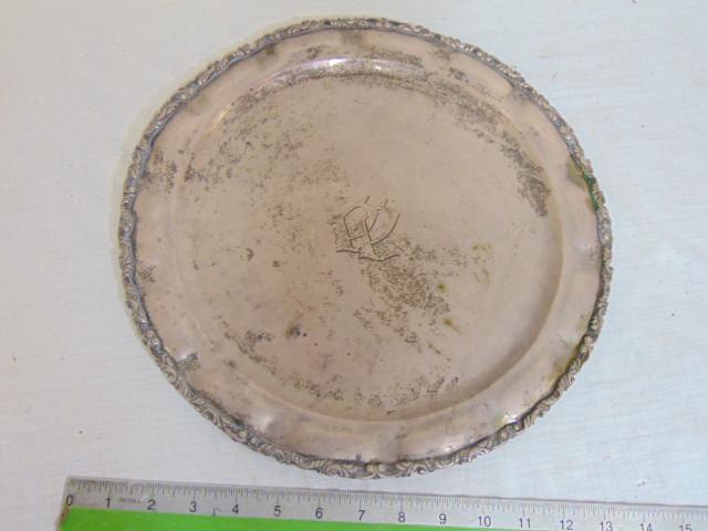 Mexican sterling tray, monogrammed, marked on back A.V.N. Mexico, 30.22 troy, 13.5" in diameter (1 of 4)