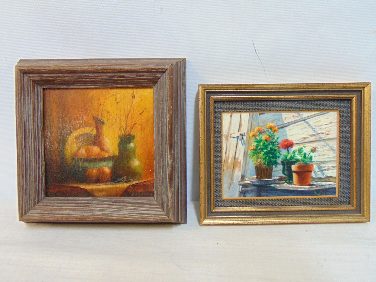 2 Miniature paintings, J. Barnwell & unsigned, still life with fruit & pitcher,, J. Barnwell, oil on (1 of 6)