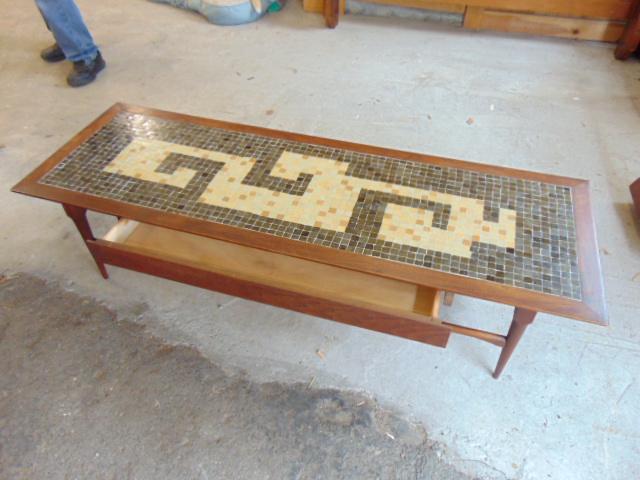Tile mosaic top mid Century coffee table in walnut with drawer 60" by 20" (1 of 5)