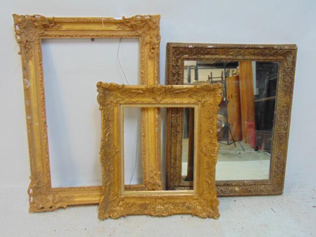 2 carved gilt frames & gilt framed mirror, large frame has opening of 20.5" by 32", small frame is (1 of 4)