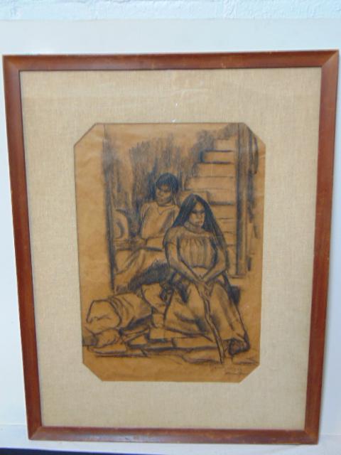 Drawing, 3 Mexican figures, Marion Greenwood, "Janitzio ??), graphite on brown paper, linen matting, (1 of 4)