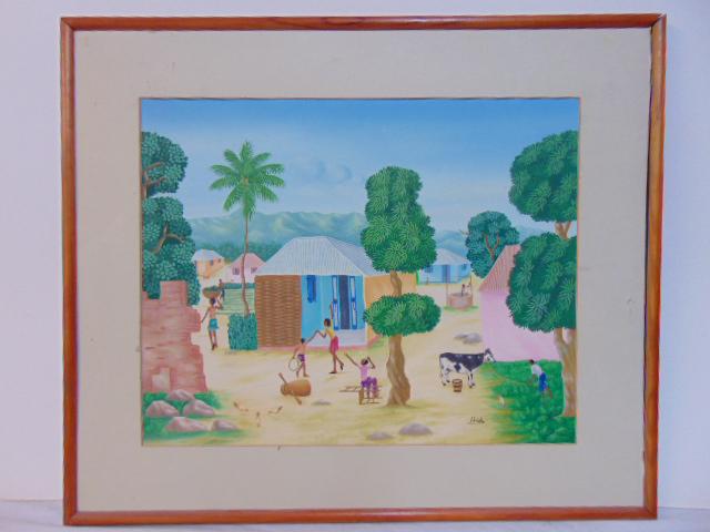 Painting, Haitian, village with figures, cow, signed Cadet, Gouache on board, 15.5" by 19.5 (sight) (1 of 7)