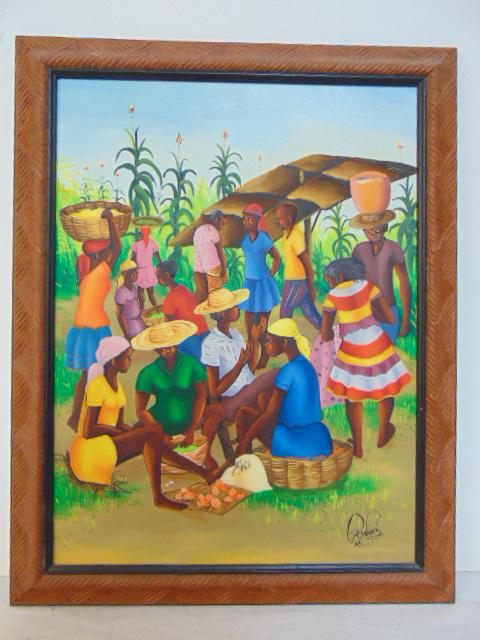 Painting, Haitian, figures in corn field, signed Rodore (??), oil on Masonite, 15.5" by 11.5" (1 of 5)