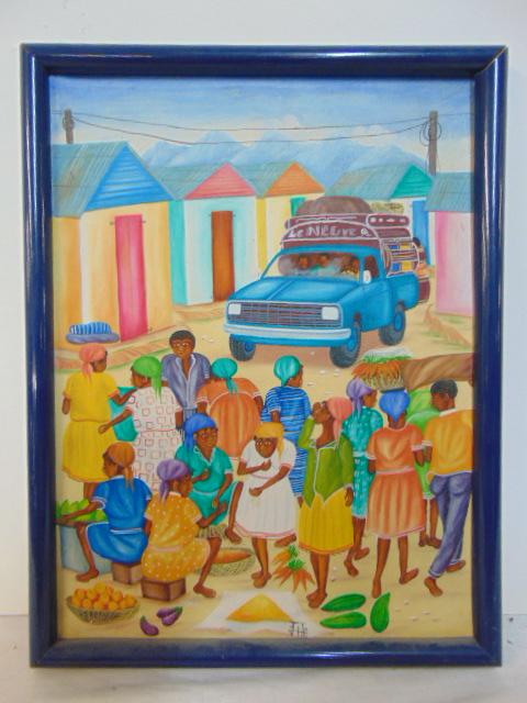 Painting, Haitian, figures with fruit baskets, pickup truck, signed Fito (??), oil on linen, 16" by: Painting, Haitian, figures with fruit baskets, pickup truck, signed Fito (??), oil on linen, 16" by 12"