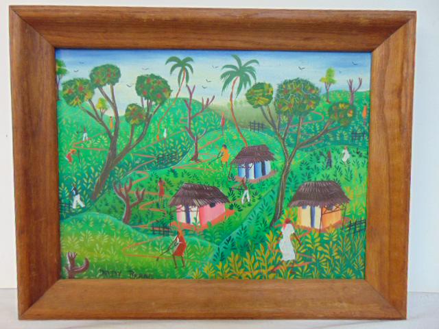 Painting, Haitian, figures working fields, Dady Rerre, oil on canvas 12" by 16" (1 of 6)