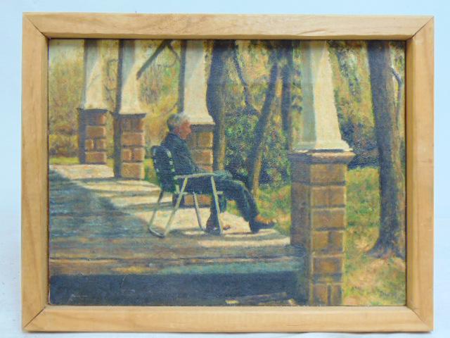 Painting, "Mr. Sidley on the Porch", D.W.M., oil on canvas, 9" by 12": Painting, "Mr. Sidley on the Porch", D.W.M., oil on canvas, 9" by 12"