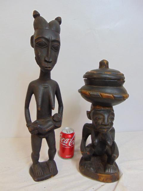 2 African figural wood carvings, mother holding baby & female figure with vessel on head (1 of 5)