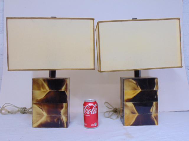 Pair square bone covered table lamps with shades, MCM design: Pair square bone covered table lamps with shades, MCM design