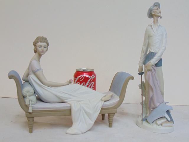 2 Lladro figures, Don Quixote with sword & reclining lady with flower, no boxes, Don Quixote is (1 of 9)
