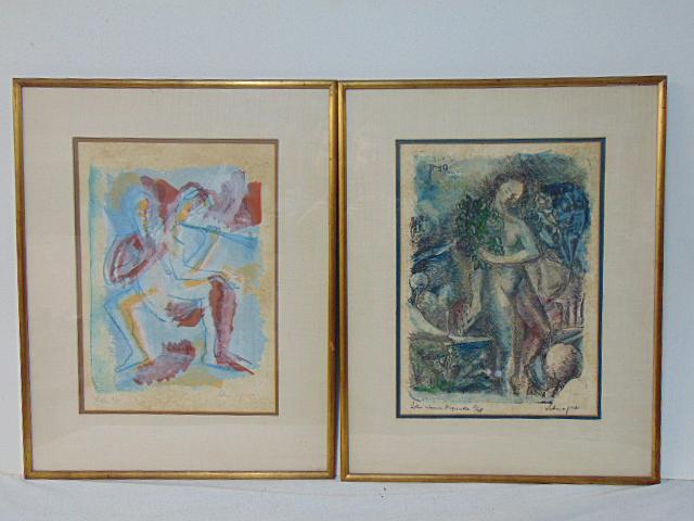 2 lithographs, Musician, girl, signed Sadran (?), litho 3/5, 2 figures playing musical instruments,: 2 lithographs, Musician, girl, signed Sadran (?), litho 3/5, 2 figures playing musical instruments, 16" by 11.5" & Nude girl with flowers, litho ..d'aquarelle 17/25", Sadran, Sadren (?) 1939, see imag