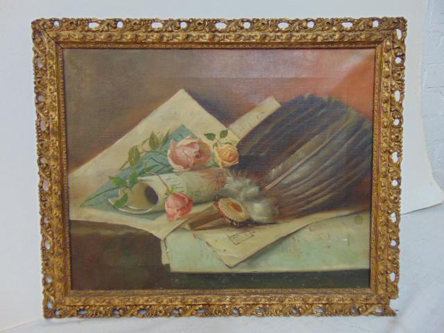 Painting, still life roses, feathers, unsigned, oil on canvas, linen, canvas ism13.5" by 17" (1 of 4)