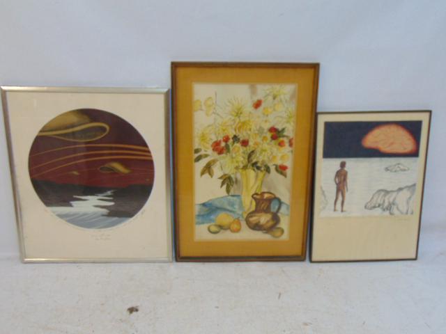Art lot, floral watercolor & 2 lithographs, still life with flowers in vase, signed illegibly (1 of 8)