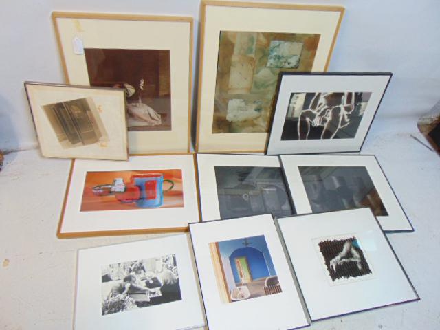 Lot framed art, photos, Joan Meyers, nude collage with strips of photographs signed Taunier (?),: Lot framed art, photos, Joan Meyers, nude collage with strips of photographs signed Taunier (?), David Lebe hand colored silver print & several unsigned works, also includes, lithographs, prints, all