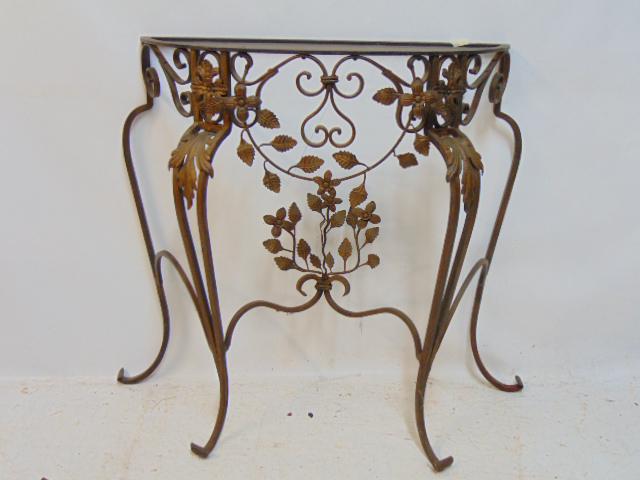 Iron console table with applied leaves & flowers in gold paint, no top, console is 29" by (1 of 4)