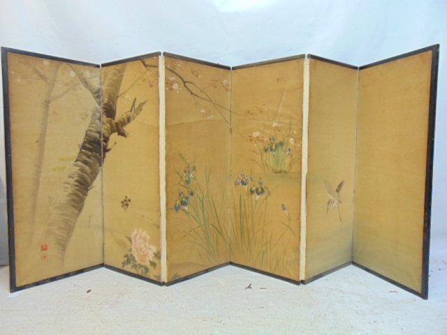 Japanese screen, 6 panel, paint decorated with tree, flowers, Iris & bird, crane, screen height is 3 (1 of 7)
