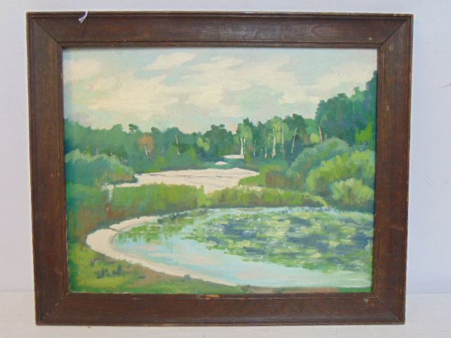 Painting, pond scene, unsigned, oil on Masonite, "Watkins" written on back, 16" by 20": Painting, pond scene, unsigned, oil on Masonite, "Watkins" written on back, 16" by 20"