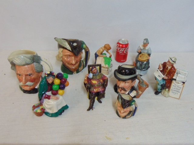 Collection of Royal Doulton figurines & mugs, includes mugs :Mark Twain, Robin Hood (Large & small v: Collection of Royal Doulton figurines & mugs, includes mugs :Mark Twain, Robin Hood (Large & small version), Doc Holliday, and figurines, "Balloon Seller, Stop Press, The Foaming Quart, Childhood Days