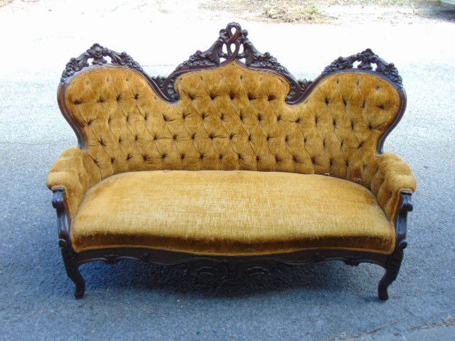 Camelback Victorian sofa carved frame, tufted back, gold/yellow upholstery, sofa is 67" wide, height (1 of 5)