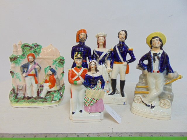 4 Staffordshire figures, Crimean war subject, Turks in front of Mosque, Turkey, England France Monar: 4 Staffordshire figures, Crimean war subject, Turks in front of Mosque, Turkey, England France Monarchs, Crimean Soldier & Wife & Britain's Glorie.