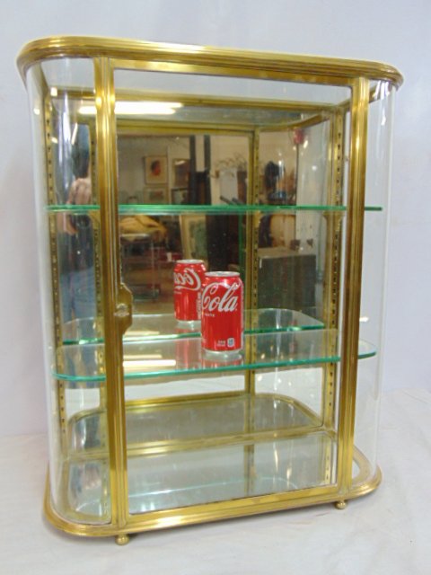 Brass & glass display case, two glass shelves & mirrored back, solid brass frame, with lock & key, (1 of 6)