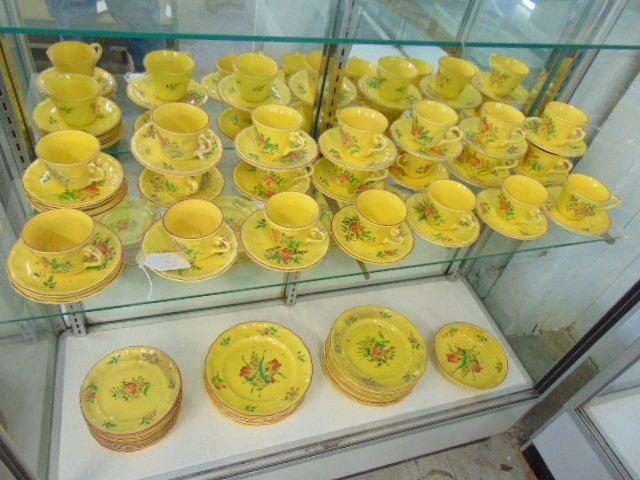 Lot Luneville dinnerware, in yellow ith floral decoration, barn find, set needs cleaning, some minor (1 of 7)