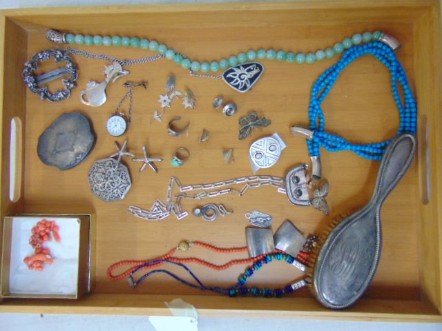 Lot of silver jewelry, rings, brooches, hair brush, watch, also includes coral necklace, various bea (1 of 9)